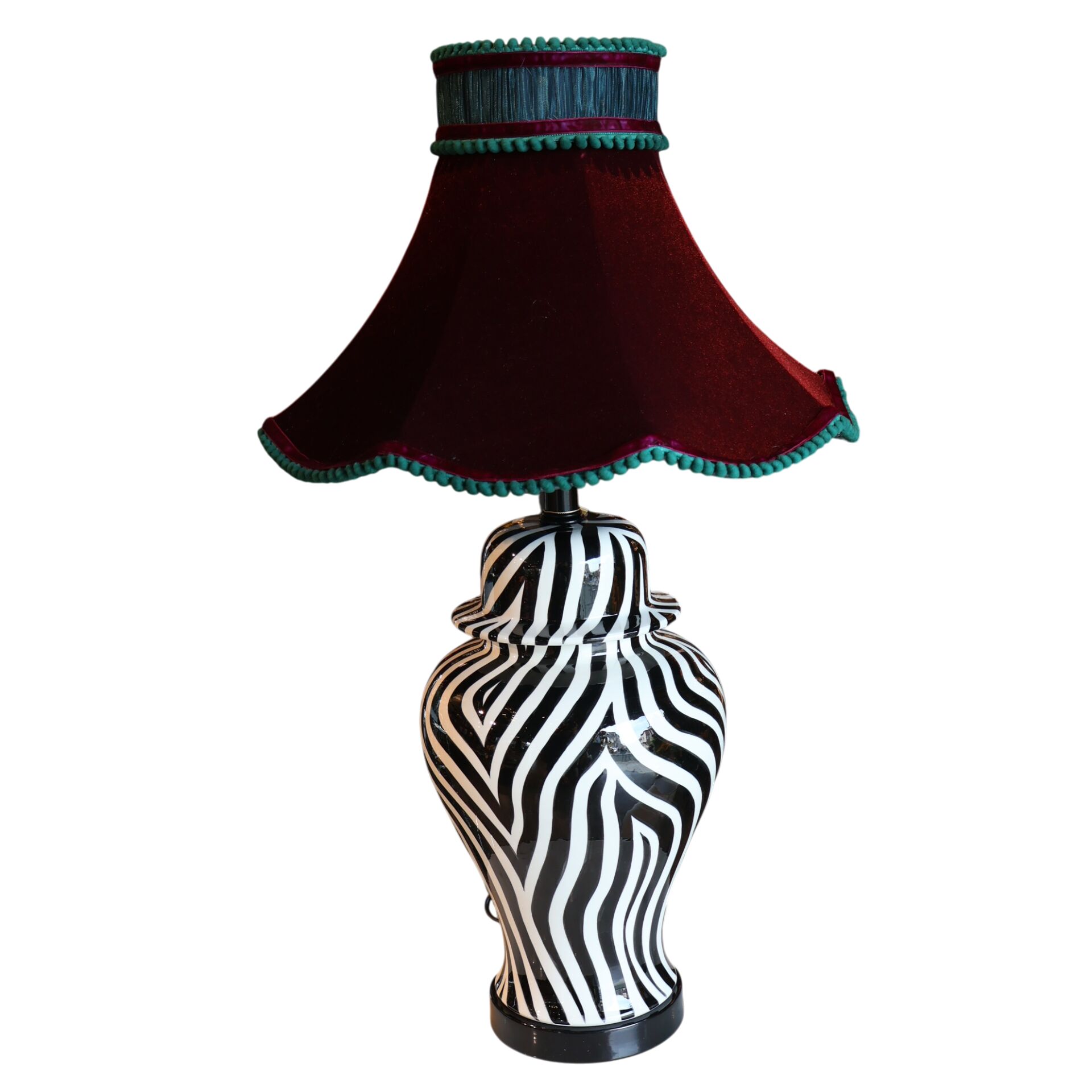 Zebra Desen Bordo Kadife Şapka Abajur