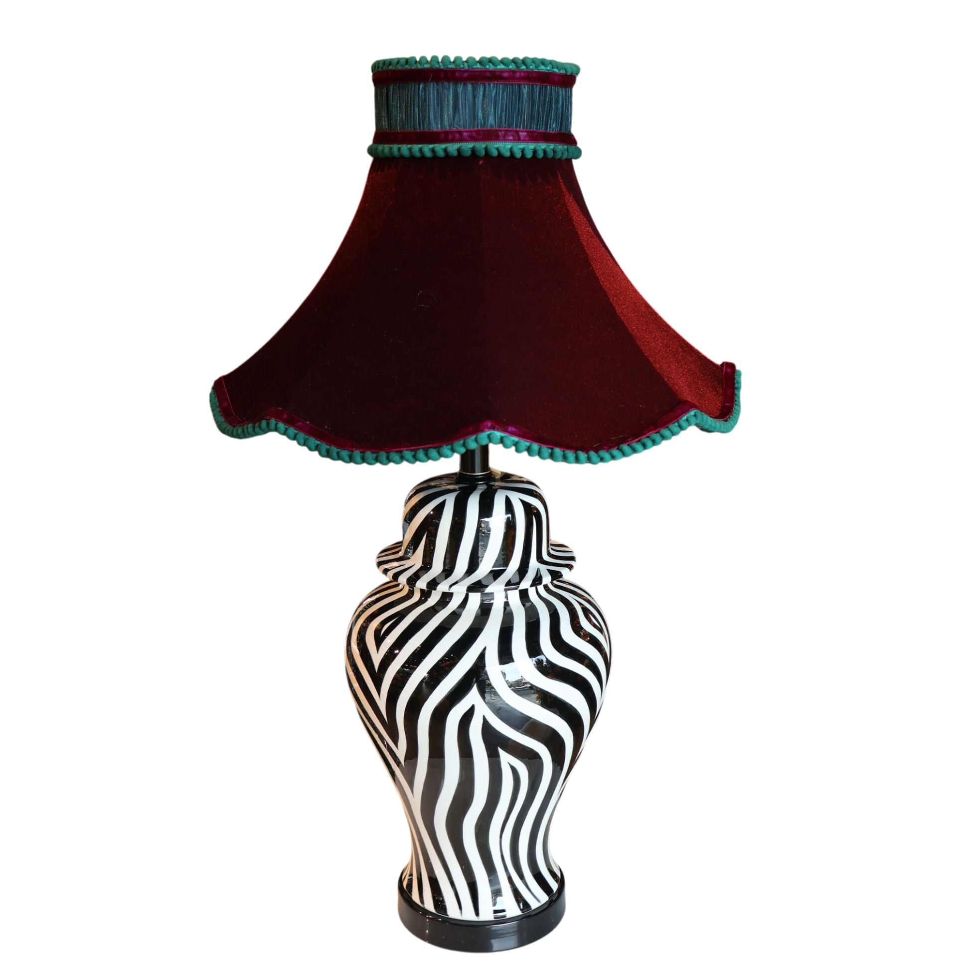Zebra Desen Bordo Kadife Şapka Abajur