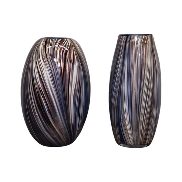 İkili Çizgi Desenli Simli Vazo Mavi