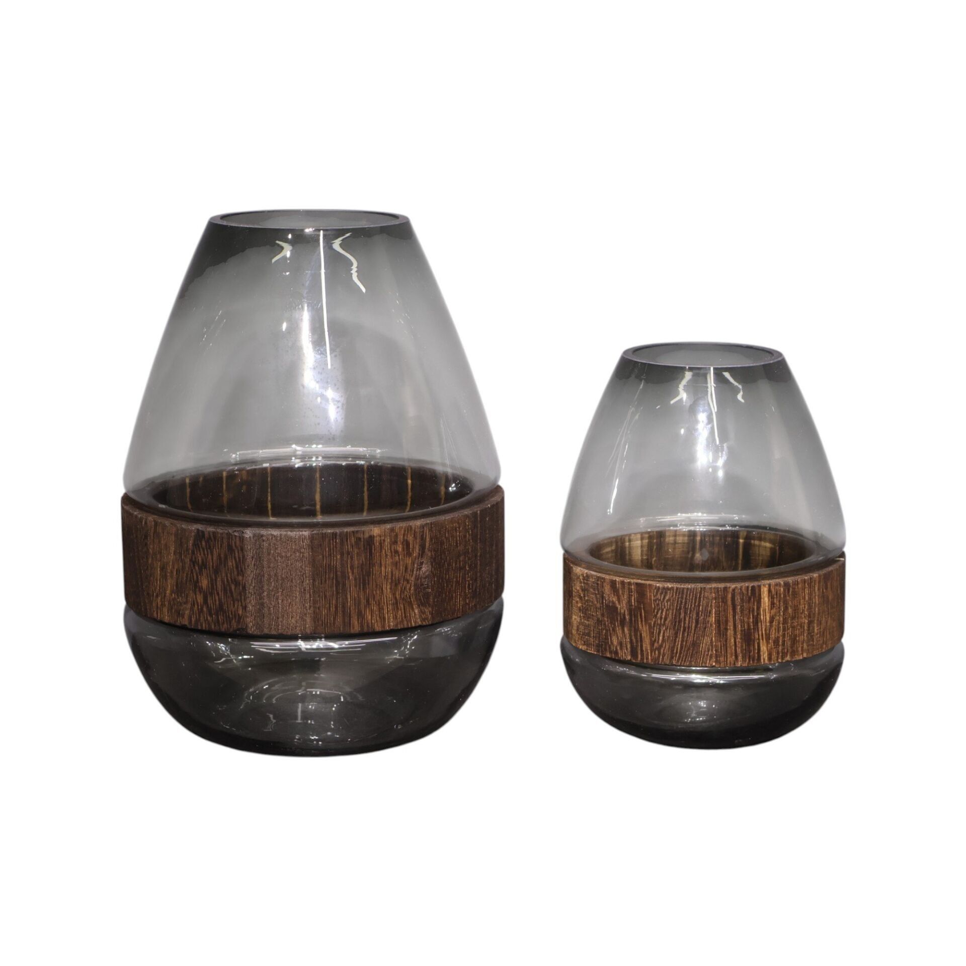 İkili Cam Ahşap Halkalı Vazo Füme