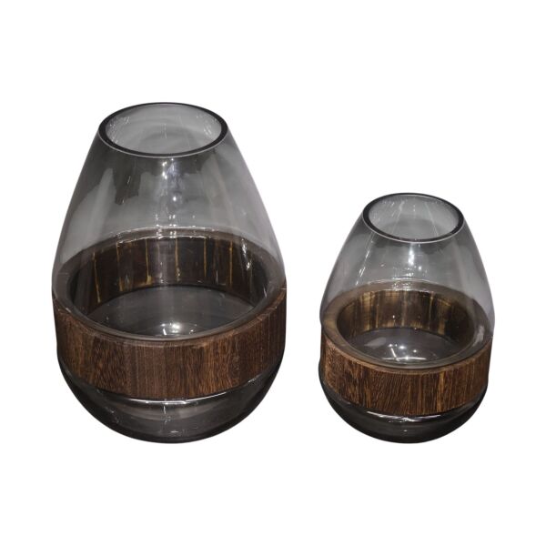 İkili Cam Ahşap Halkalı Vazo Füme