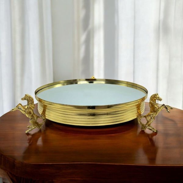 Jardinyer At Detaylı Aynalı Gold Tepsi