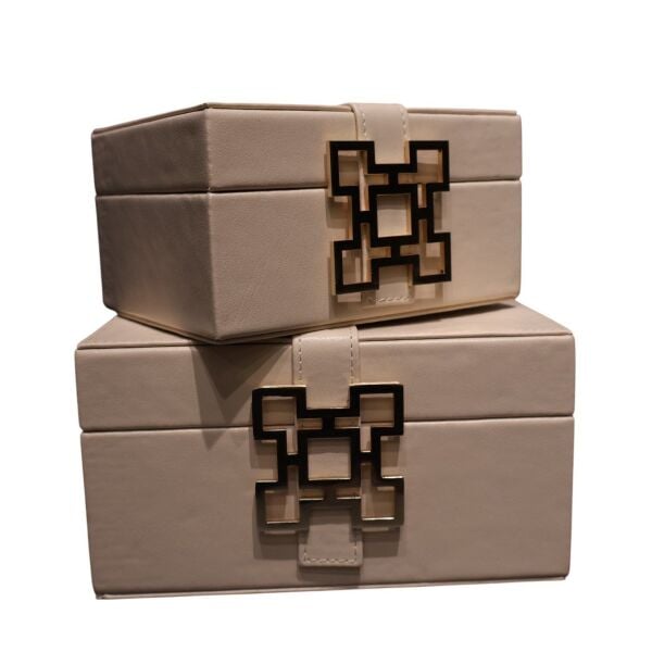 İkili Dekoratif Kutu Krem Deri