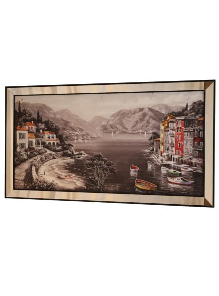 Ayna Çerçeveli Siyah Renkli Evler Koy Manzara 70x130