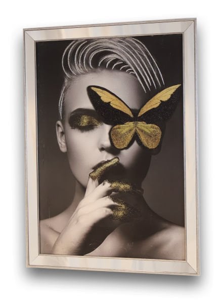 Ayna Gümüş Çerçeveli Gold Kelebikli Kız Tablo 80x110 CM