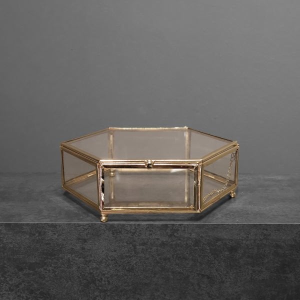 Altıgen Cam Kutu Gold 20cm