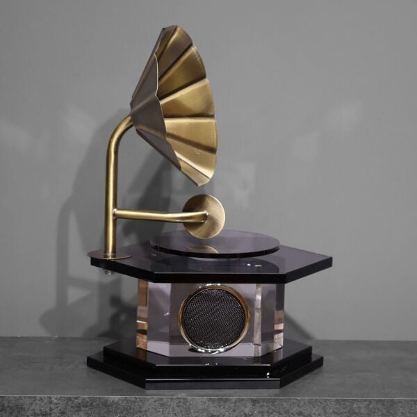 Cam Gramofon Gold Siyah Kristalli Eskitme