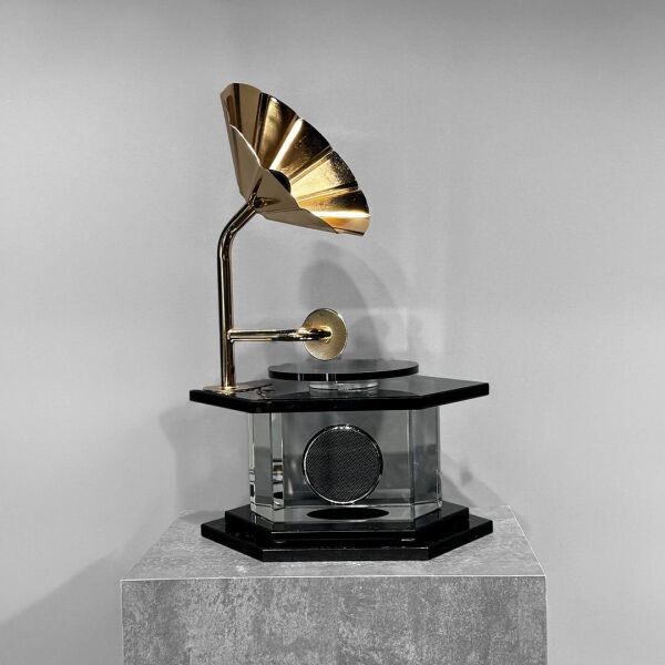 Cam Gramofon Gold Siyah Kristalli Eskitme