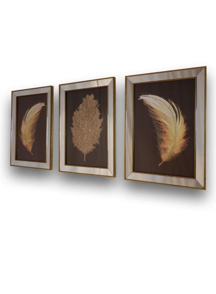Üçlü Tüy Yaprak Ayna Çerçeveli Gold Tablo 50x70