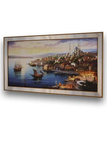 Ayna Çerçeveli Cami Manzara TR2347 Gold Tablo 70x130