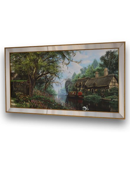 Ayna Çerçeveli Kuğu Nehir Manzara LS2302 Gold Tablo 70x130