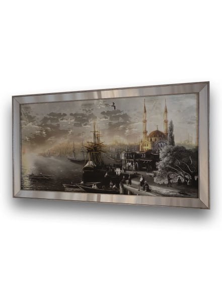 Ayna Çerçeveli Liman ve Cami Gümüş Tablo 70x130