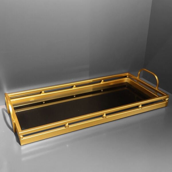 Dikdörtgen Boncuk Detaylı Gold Tepsi Büyük