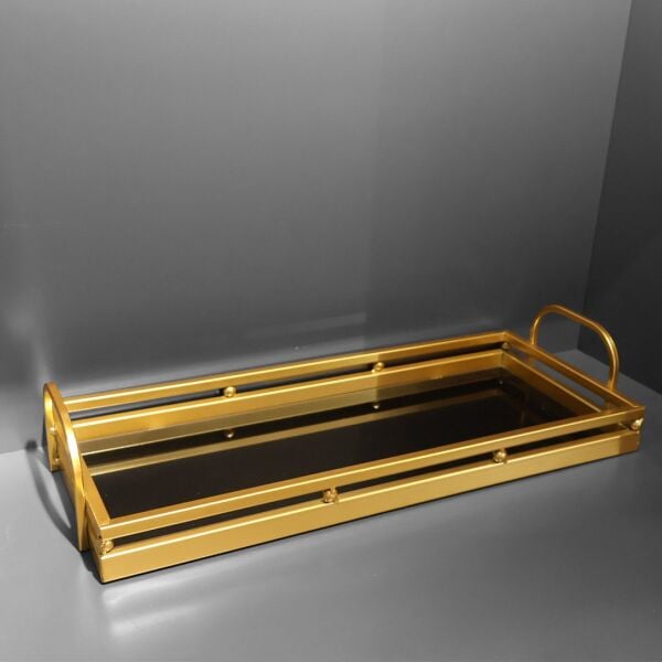 Dikdörtgen Boncuk Detaylı Gold Tepsi Küçük